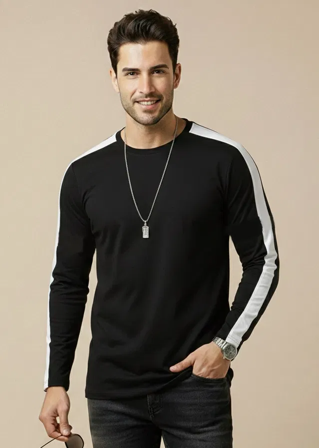 Polyester Printed T-shirt for Men, Black (M)