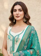 Cotton Silk Embellished Unstitched Suits Fabric for Women, White & Sky Blue