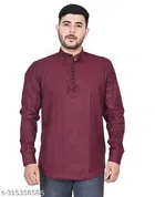 Cotton Blend Solid Short Kurta for Men, Maroon 