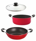 Aluminium Nonstick Kadhai with Cassererole & Glass Lid Set (Red, Set of 3)