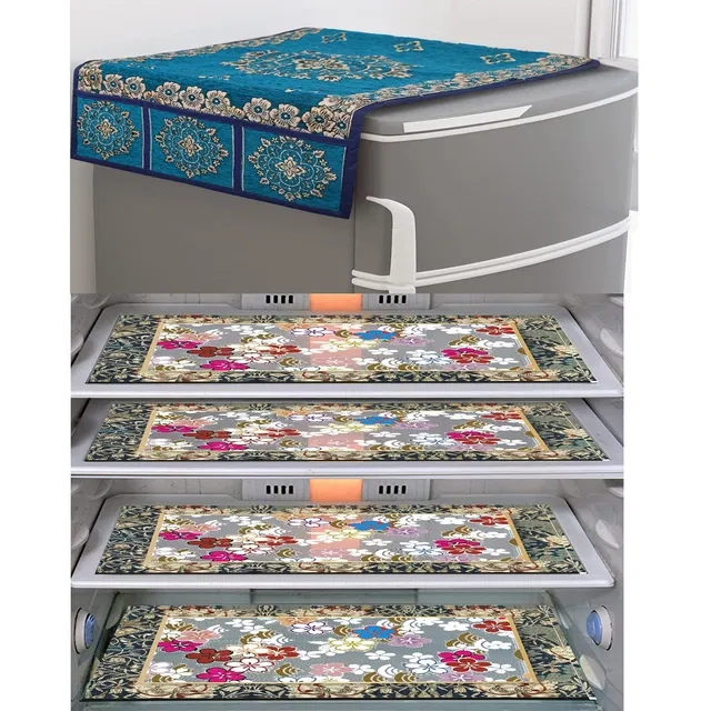 PVC Waterproof Fridge Top Cover with 4 Pcs Shelf Mats (Multicolor, Set of 1)