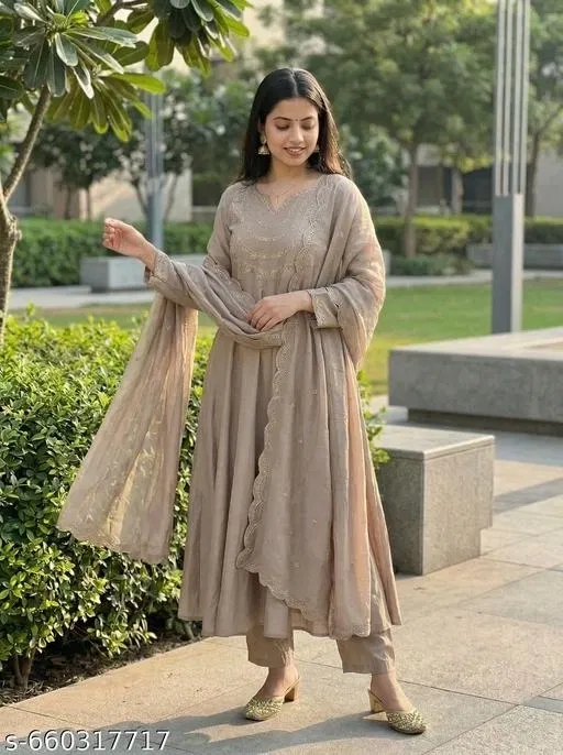 Embroidered Vichitra Silk Anarkali Kurta Set for Women ( Khaki,XXXL )