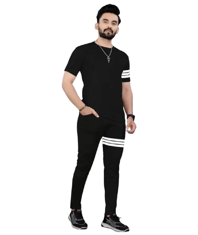Polyester Solid Tracksuit for Men (Black, L)