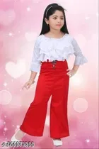 Cotton Blend Three-Quarter Sleeve Round Neck Top and Pant Set for Girls 