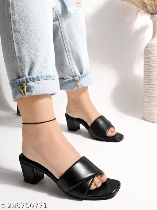 Shoetopia Black Synthetic Block Heel Square Toe Sandals (IND-6)