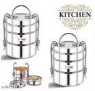 Stainless Steel 3 Compartment Lunch Box (Silver, Pack of 2)