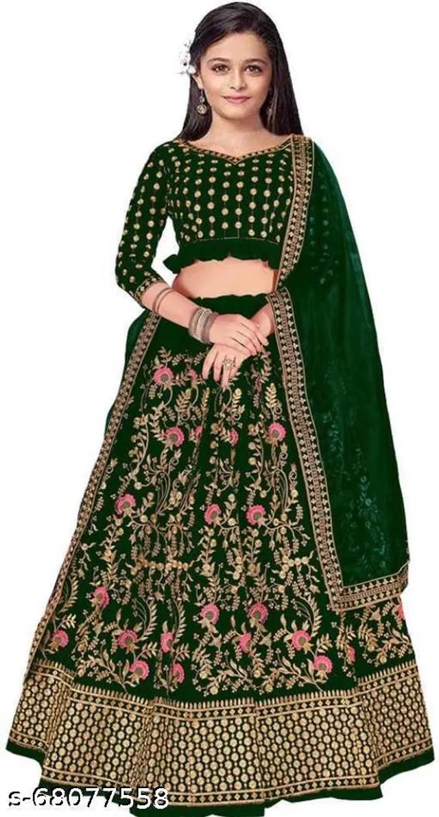 Satin Embroidered Lehenga with Choli & Dupatta for Girls (Green, 6-7 Years)
