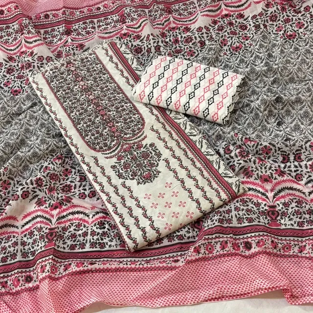 100% Cotton Printed Unstitched Suits Fabric for Women (Pink & White)
