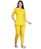Women's Yellow Cotton Printed Night Suit Top and Pyjama Co-ord Sets (XL)