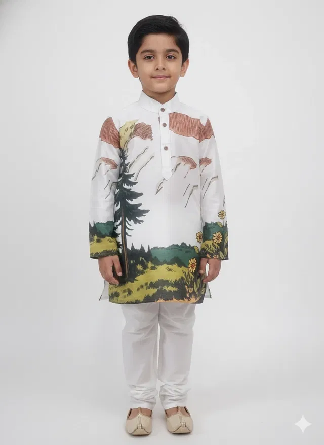 Silk Blend Printed Kurta & Paints Set for Boys , Cream (3-4 Years)