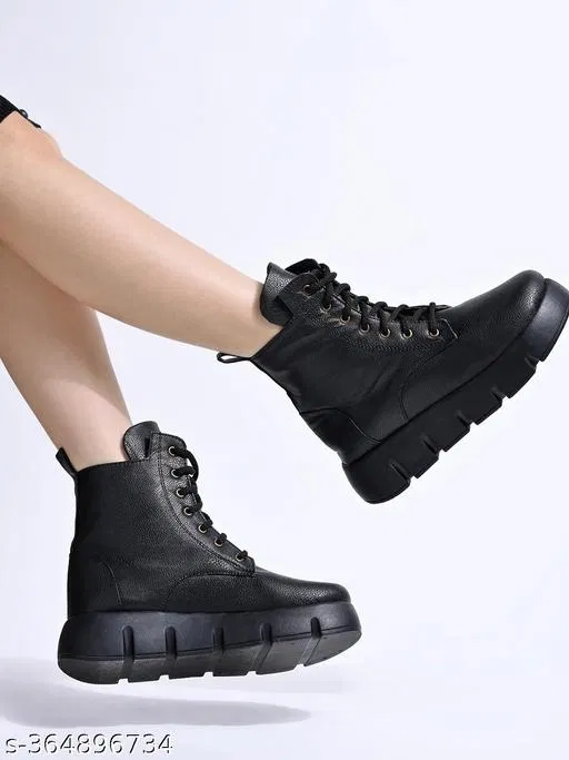 Shoetopia Solid Synthetic Heeled Boots Black (IND-7)