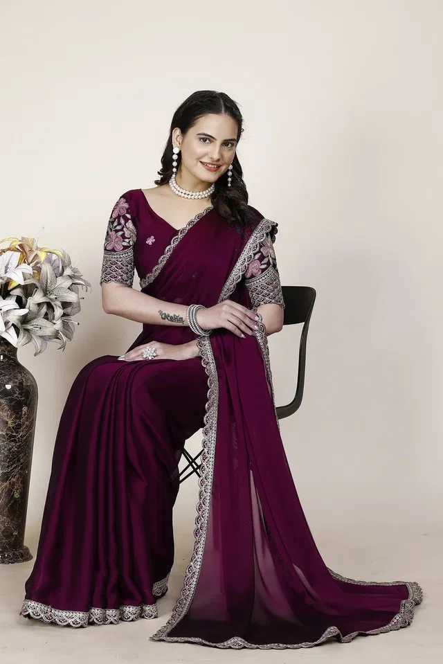 Chiffon Woven Design Saree for Women (Wine, 6.3 m)