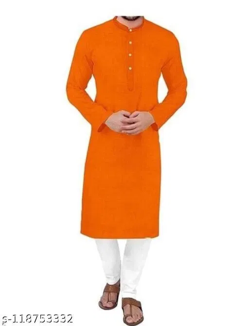 Mandarin Neck Kurta for Men (Orange, XL)