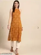 Women Rayon Printed Sleeveless Kurti (Mustard Yellow) (M)