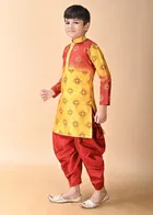 Dupion Silk Printed Kurta with Dhoti for Boys, Yellow & Red 