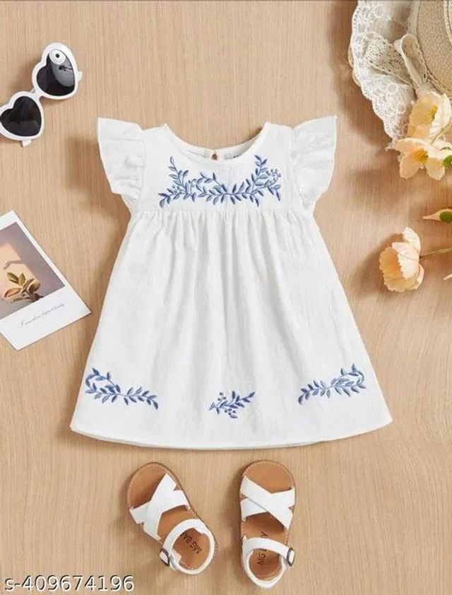 Cotton Frock for Girls (White, 2-3 Years)