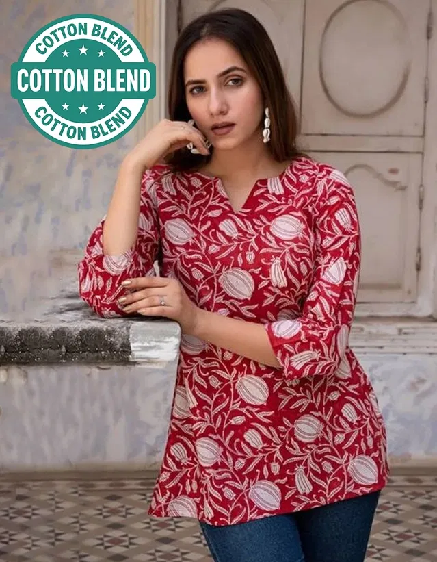 Cotton Floral Print Short Kurti for Women (Red, M)