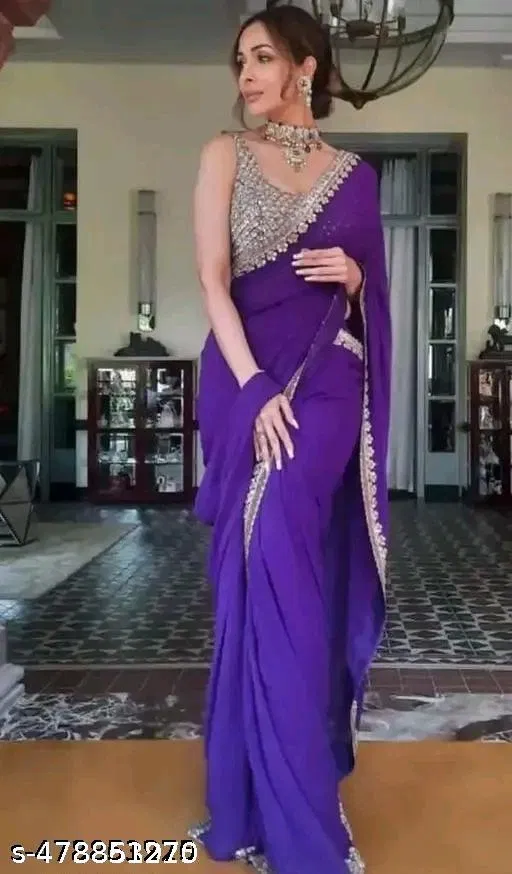 Georgette Solid Saree For Women, Purple