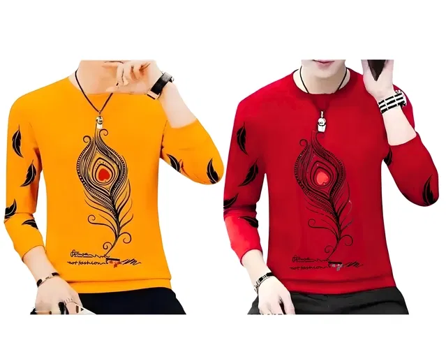 Round Neck Printed T-Shirt for Men (Red & Mustard, L) (Pack of 2)
