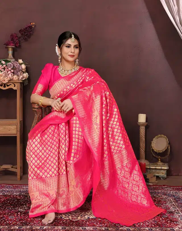 Banarasi Silk Zari Woven Saree for Women (Pink, 6 m)