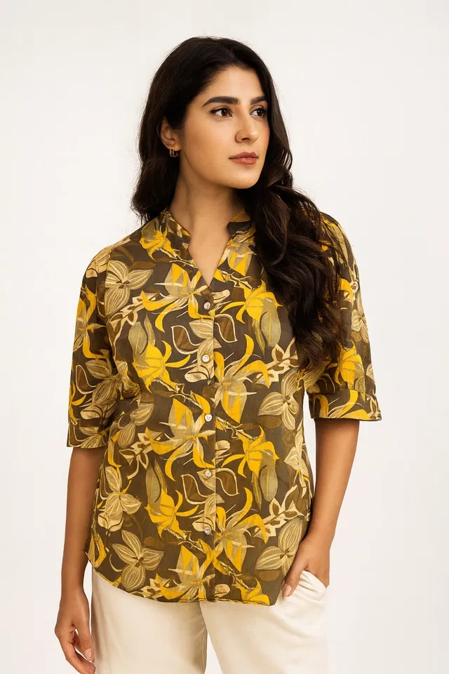 Women's Tropical Floral Print Mandarin Collar Top, L (Mustard)