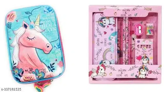 Unicorn Theme Pencil Case with Stationery Kit (Multicolor, Set of 2)