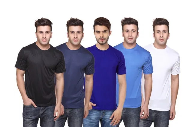 Round Neck Solid Polyester T-shirts for Men, Pack of 5 (Multi, XL)