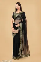 Net Solid Saree for Women, Black 