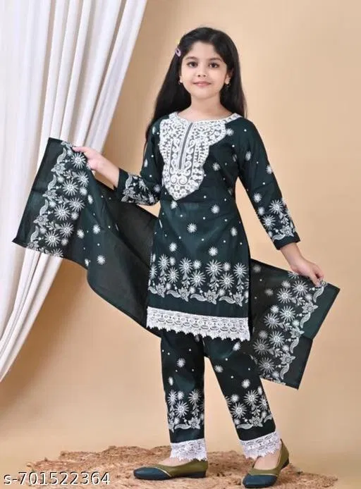 Cotton Kurta Set for Girls (Green, 11-12 Years)
