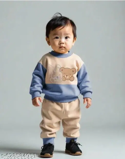 Hosiery Cotton Printed Clothing Set for Kids, Blue & Beige (0-3 Months)
