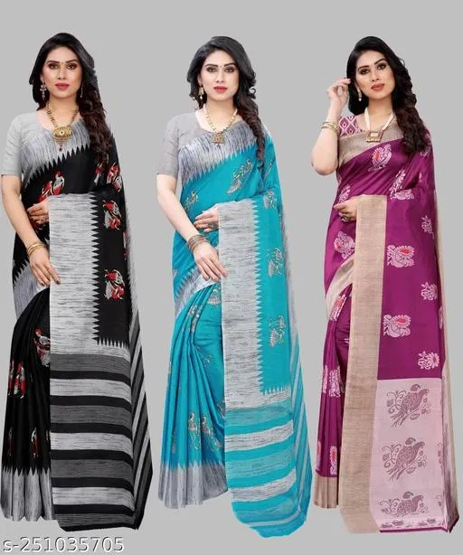 Art Silk Saree for Women, Pack of 3 (Multicolor, Free Size)