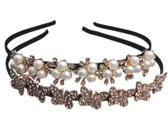 Plastic Pearl & Butterfly Stone Hairbands for Women (White, Pack of 2)