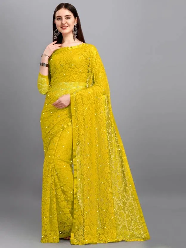 Net Embroidered Saree for Women (Yellow)