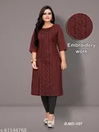 Solid Embroidered Cotton Blend Kurti for Women 