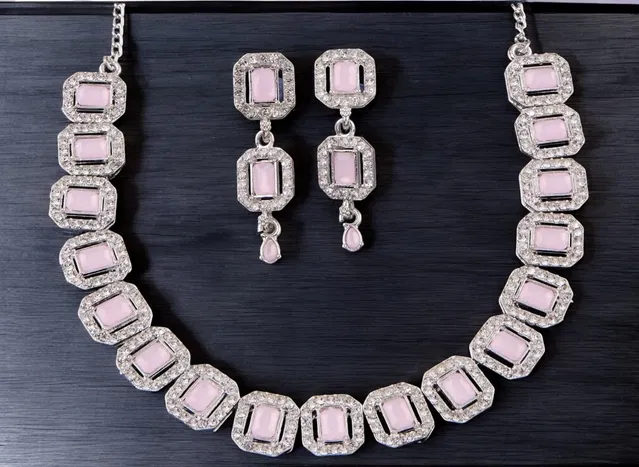 Alloy Choker Necklace with Earrings for Women (Pink & Silver, Set of 1)