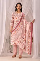 Cotton Printed Kurta with Pant & Dupatta for Women 