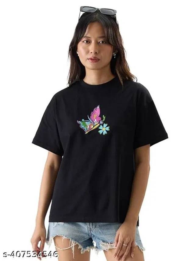 Cotton Round Neck Printed T-Shirt for Women (Black, XL)