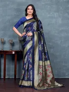 Art Silk Printed Saree for Women, Navy Blue 