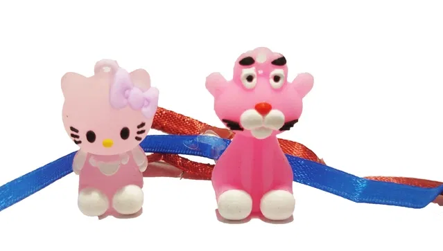 Plastic Lion Cat Doll Eraser Rakhi for Kids (Multicolor, Pack of 2)