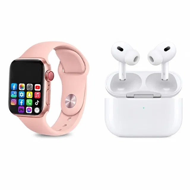 I8 A1 Smartwatch 1.75" Full Touch (Pink, Women) and PODS TWS Earbuds with Battery Display (Black & Yellow) (Combo Pack)