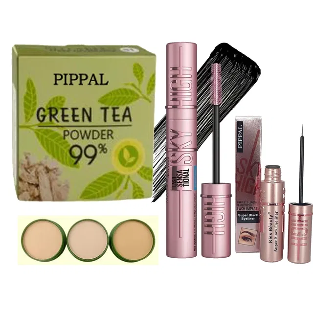 Pippal Green Tea Powder Compact (20 g) with Sky High Mascara (12 ml) & Eyeliner (6 ml) (Set of 3)