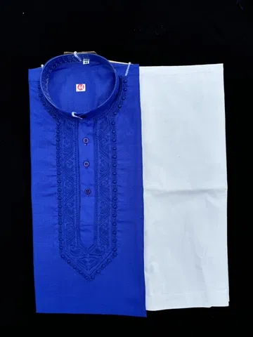 Cotton Embroidered Kurta with Pyjama for Men (Royal Blue & White, L)