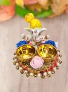 Metal Decorative Ganpati Haldi Kumkum Stand with 2 Roli Chawal Holder, Multicolor