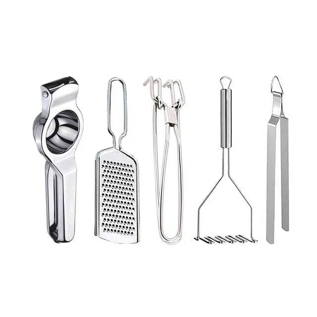 Oc9 Stainless Steel Lemon Squeezer & Cheese Grater & Pakkad & Potato Masher & Roti Chimta Kitchen Tool Set (O-89)