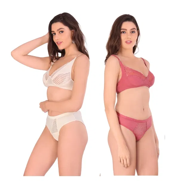Cotton Blend Solid Non Padded Lingerie Set for Women (Multicolor, 36) (Pack of 2)