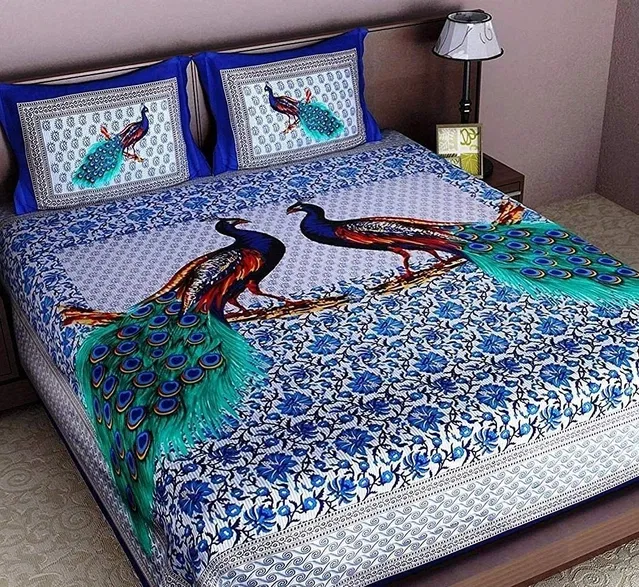 Jaipuri Cotton Double Bedsheet with 2 Pillow Covers | 80x90 Inch | Peacock | Traditional Rajasthani Print