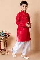 Cotton Embellished Kurta with Dhoti for Boys, Red & White 