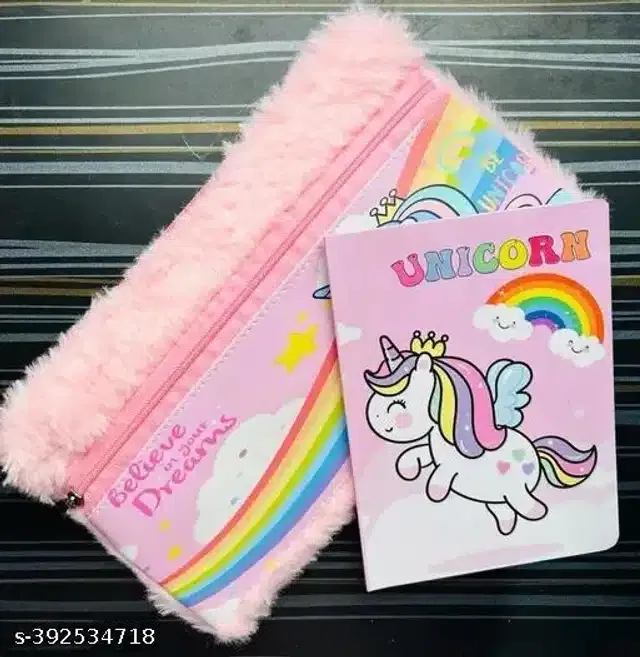 Unicorn Theme Pencil Case with Diary (Pink, Set of 2)