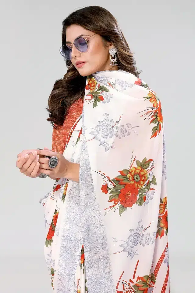 Georgette Printed Saree for Women (Orange, 6 m)