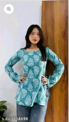 Rayon Printed Short Kurti for Women, Blue 
